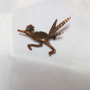Vintage Tortolani Copper Tone Roadrunner Bird Pin Brooch with Faux Turquoise Eye